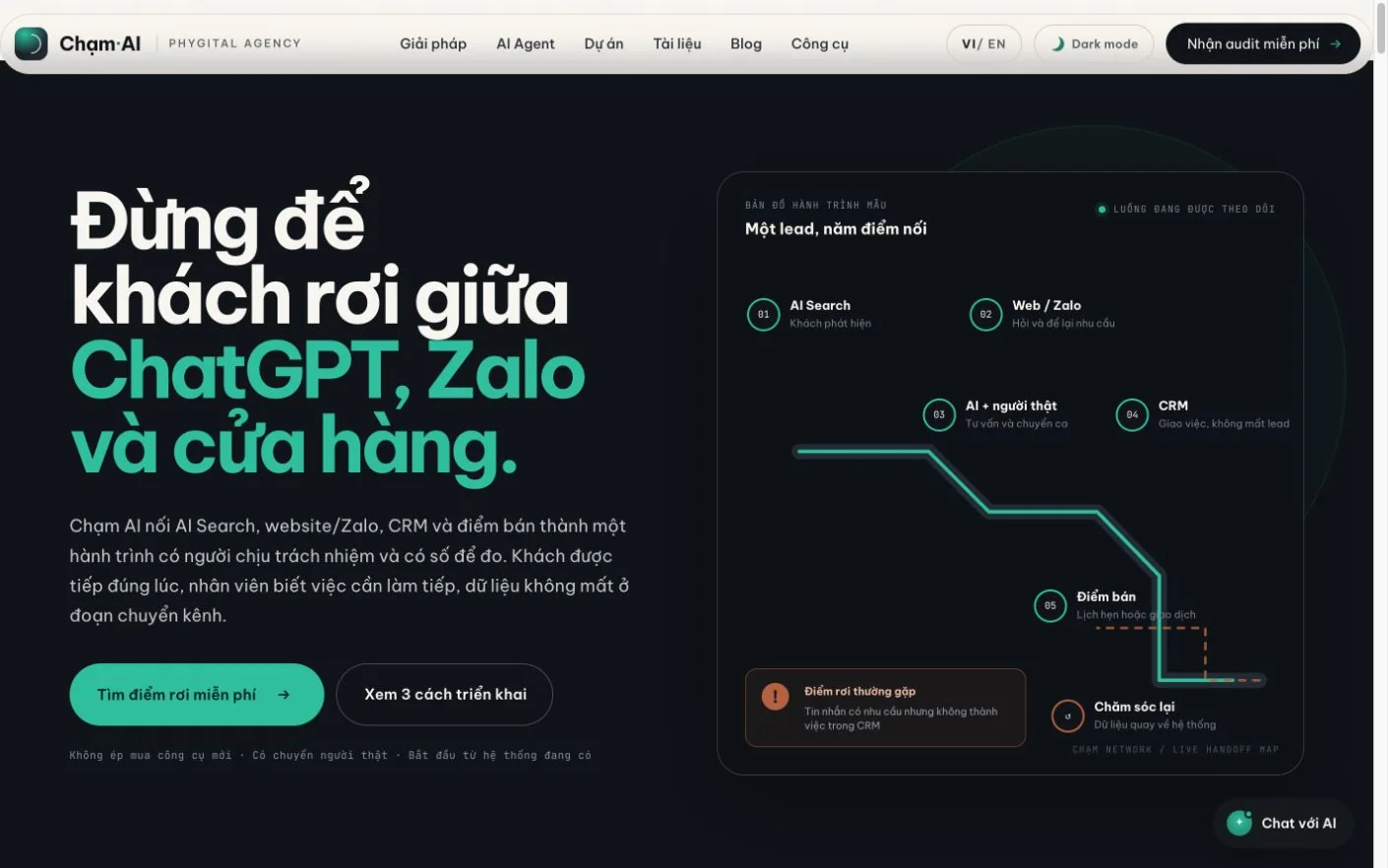 Ảnh chụp trang chủ Chạm AI Agency đang hoạt động