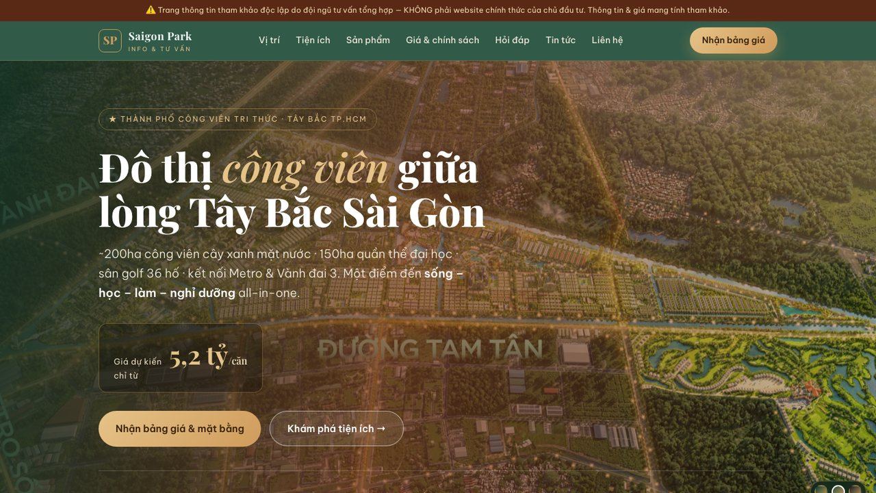 Trang chủ website Saigon Park - landing bất động sản với ảnh tổng thể khu đô thị và bảng giá