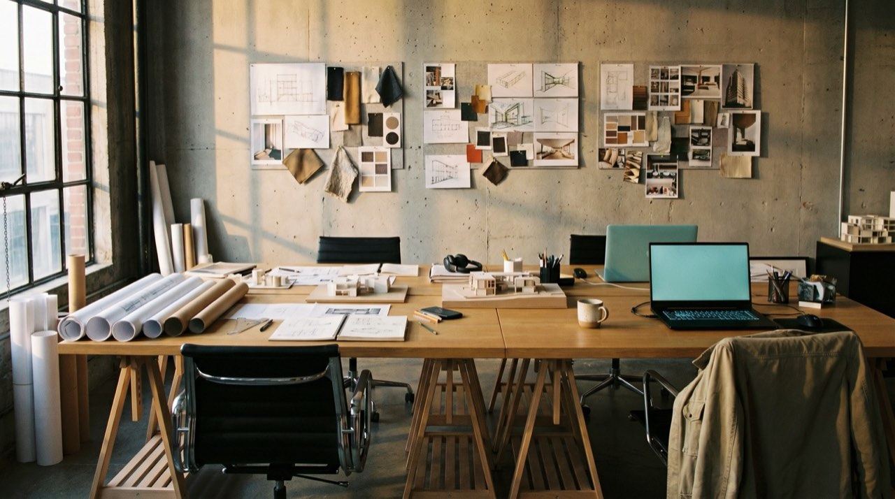 Xưởng thiết kế với bản vẽ, mô hình và moodboard trên tường bê tông